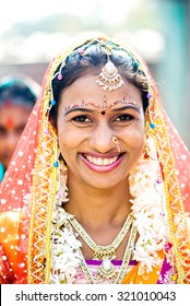 Indian Hindu Bride Closeup In Wedding Ceremony, Rural Village Salunkwadi, Ambajogai, Beed, Maharashtra, India, South East Asia.