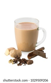 Indian Hot Masala Tea Chai In A Glass Garnished With Spice On White Background