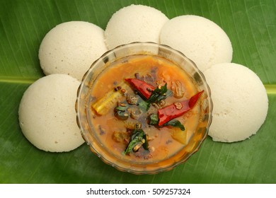 Indian Idli With Sambar On A Banana Leaf