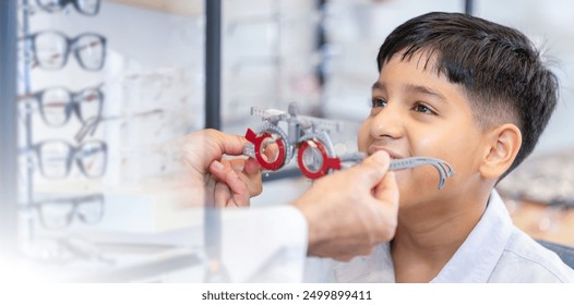 Indian kid boy choosing eyeglasses in optics store, Optometrist doing color blindness disease perception test in optical shop, Boy doing eye test checking examination with optometrist in optics store - Powered by Shutterstock