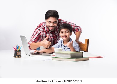 Indian Kid Studying Online, Attending School Via E-learning With Father