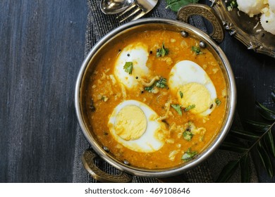 Indian Kolhapuri Egg Curry / Egg Masala - Hard Boiled Eggs Cooked In Aromatic Spices And Served In A Kadai Overhead View