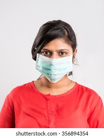 Indian Lady With Face Mask, Asian Lady With Face Mask, Indian Lady And Swine Flue, Isolated On White Background