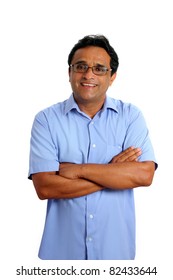 Indian Latin Businessman With Glasses And Blue Shirt Isolated On White