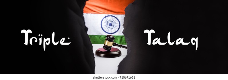 Indian Law On Triple Talaq Or Divorce Showing Tricolour, Wooden Gavel Seen Through Torn Black Paper