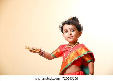 Indian Little Girl Child On Sari