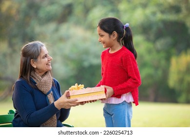 Indian little girl giving gift to her grandmother at park. - Powered by Shutterstock