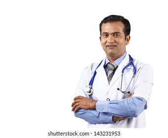 Indian  Male Doctor Crossed Arms On White Background