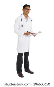 Indian Male Doctor Full Body Writing On Board Isolated On White