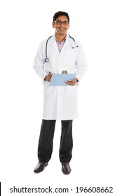 Indian Male Doctor Full Body Writing On Board Isolated On White