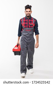 Indian Man Holding A Red Tool Box Isolated On White Background