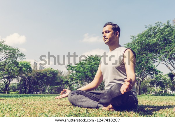 Indian Man Meditating Lotus Pose Outdoors Stock Photo 1249418209 ...