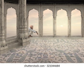 Indian Man Meditating In A Palace In The Sunrise.