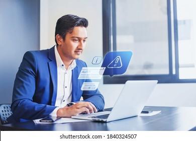 Indian Man Receiving Alert Notification In Financial Fraud Protection Software On His Computer