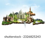Indian map Collage of monuments heritage sites landmarks and tours and travel destinations.