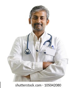 Indian Mature Male Doctor Crossed Arms On White Background