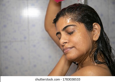 Indian Mexican Lady Bathing  Hair Wash Her Hairs Massaging Hair And Body With Hands Visible Soap Lather Water Dripping From Her Nude Body Posing With Smiling Face Posing Her Long Black Hairs In Corona