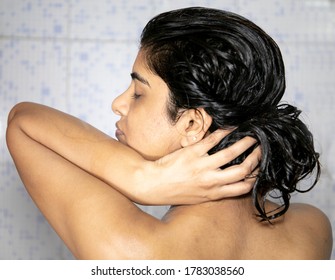 Indian Mexican Lady Bathing  Hair Wash Her Hairs Massaging Hair And Body With Hands Visible Soap Lather Water Dripping From Her Nude Body Posing With Smiling Face Posing Her Long Black Hairs In Corona