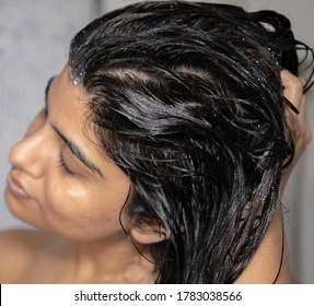 Indian Mexican Lady Bathing  Hair Wash Her Hairs Massaging Hair And Body With Hands Visible Soap Lather Water Dripping From Her Nude Body Posing With Smiling Face Posing Her Long Black Hairs In Corona