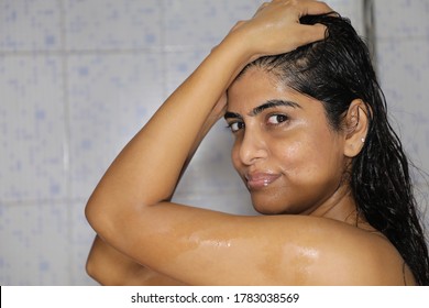 Indian Mexican Lady Bathing  Hair Wash Her Hairs Massaging Hair And Body With Hands Visible Soap Lather Water Dripping From Her Nude Body Posing With Smiling Face Posing Her Long Black Hairs In Corona