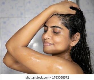 Indian Mexican Lady Bathing  Hair Wash Her Hairs Massaging Hair And Body With Hands Visible Soap Lather Water Dripping From Her Nude Body Posing With Smiling Face Posing Her Long Black Hairs In Corona