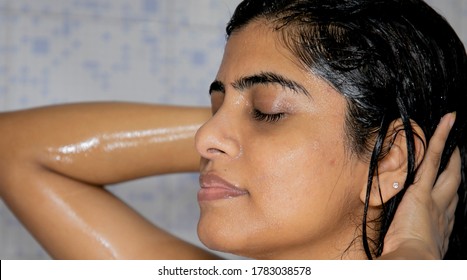 Indian Mexican Lady Bathing  Hair Wash Her Hairs Massaging Hair And Body With Hands Visible Soap Lather Water Dripping From Her Nude Body Posing With Smiling Face Posing Her Long Black Hairs In Corona