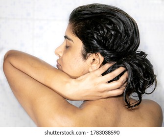 Indian Mexican Lady Bathing  Hair Wash Her Hairs Massaging Hair And Body With Hands Visible Soap Lather Water Dripping From Her Nude Body Posing With Smiling Face Posing Her Long Black Hairs In Corona