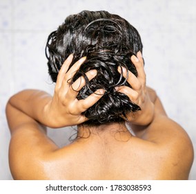 Indian Mexican Lady Bathing  Hair Wash Her Hairs Massaging Hair And Body With Hands Visible Soap Lather Water Dripping From Her Nude Body Posing With Smiling Face Posing Her Long Black Hairs In Corona