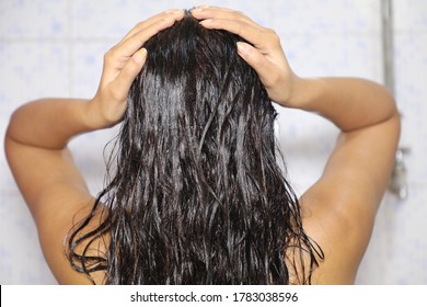 Indian Mexican Lady Bathing  Hair Wash Her Hairs Massaging Hair And Body With Hands Visible Soap Lather Water Dripping From Her Nude Body Posing With Smiling Face Posing Her Long Black Hairs In Corona