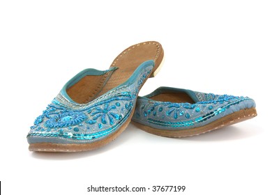 Indian Or Morrocan Style Shoes In Blue Satin And Sequin