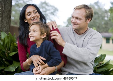 Indian Mother And Caucasian Father With Cute Mixed-race Five Year Old Son