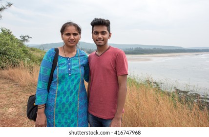 Indian Mother And Son At Arrey-Warrey Beach Coastal Road Between Ganapatipule And Ratnagiri, Konkan, Maharashtra, India, Southeast Asia.