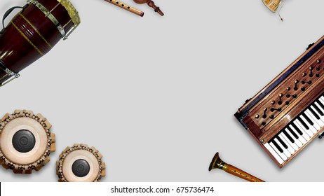 Indian musical instruments, isolated traditional indian instruments. Background Banner