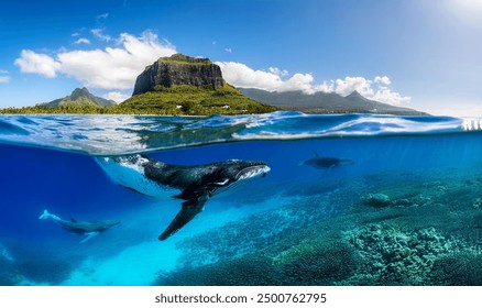 Indian Ocean, Mauritius Whales and sperm whales and vibrant coral reefs and sea Turtles. Mauritius island under waterfall, Mauritius undersea, Mauritius sea