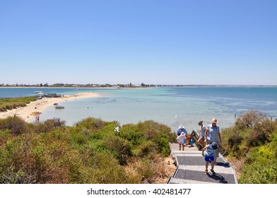 Indian Ocean Seascape And Tourists On Walkway At Penguin Island, Western Australia/Island Hike/ROCKINGHAM,WA,AUSTRALIA-NOVEMBER 8,2013: Tourists Hiking The Dunes At Penguin Island, Western Australia