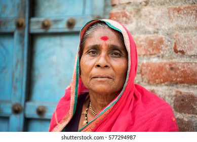 Indian Old Lady Closeup Red Traditional Stock Photo 577294987