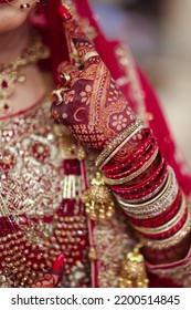 Indian Pakistani Bride's Henna Hand Holding Her Veil, Selective Focus, A Little Bit Of Depth Of Field