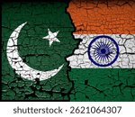 The Indian and Pakistani flags are made of patterns. Concept image depicting a conflict war between Pakistan and India. Double exposure hologram