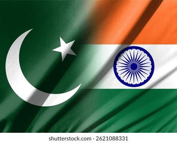 The Indian and Pakistani flags are made of patterns. Concept image depicting a conflict war between Pakistan and India. Double exposure hologram