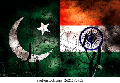 The Indian and Pakistani flags are made of patterns. Concept image depicting a conflict war between Pakistan and India. Double exposure hologram