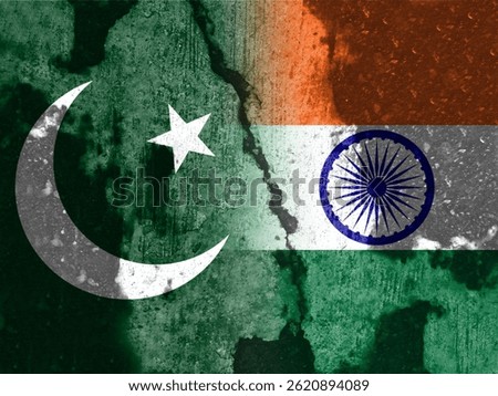 The Indian and Pakistani flags are made of patterns. Concept image depicting a conflict war between Pakistan and India. Double exposure hologram