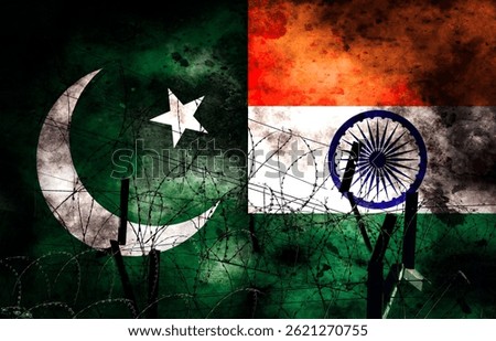 The Indian and Pakistani flags are made of patterns. Concept image depicting a conflict war between Pakistan and India. Double exposure hologram