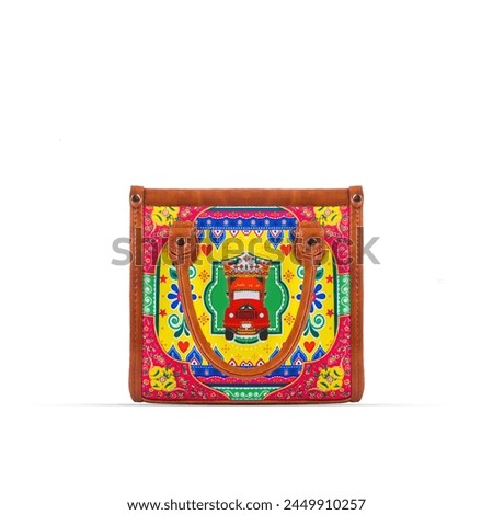 Indian and Pakistani truck art women bags traditional Diwali design. Vibrant background with flowers, hearts and geometric shapes