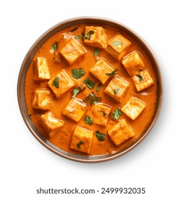 Indian Paneer butter masala curry dish top view isolated on white background. Paneer curry top view. Indian traditional paneer cheese gravy dish.  - Powered by Shutterstock