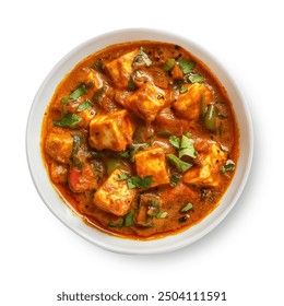 Indian Paneer butter masala curry dish top view isolated on white background. Paneer curry top view. Indian traditional paneer, cottage cheese gravy dish. Paneer cheese curry top view. - Powered by Shutterstock