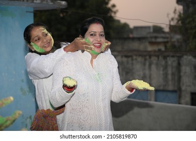 Indian People Happily Playing Holi Festival With Friends And Family