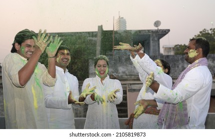 Indian People Happily Playing Holi Festival With Friends And Family