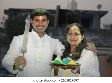 Indian People Happily Playing Holi Festival With Friends And Family