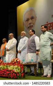 Indian Prime Minister Narendra Modi With Home Minister And President Of The Ruling Bhartiya Janta Party Amit Shah (on Left), Party Working President Jai Prakash Nadda During A Party Function In Pa