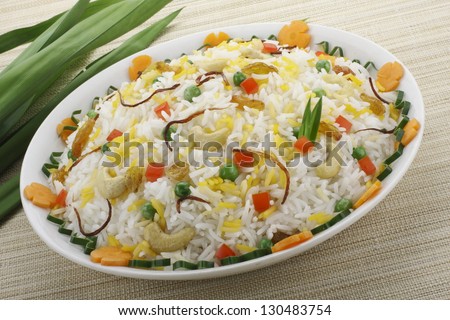 The Indian Pulav- It is a medley of rice, vegetables and/or meat. The rice is browned in oil and then mixed with vegetables, egg, chicken , nuts, fruits etc. Basmati Rice is generally used for making